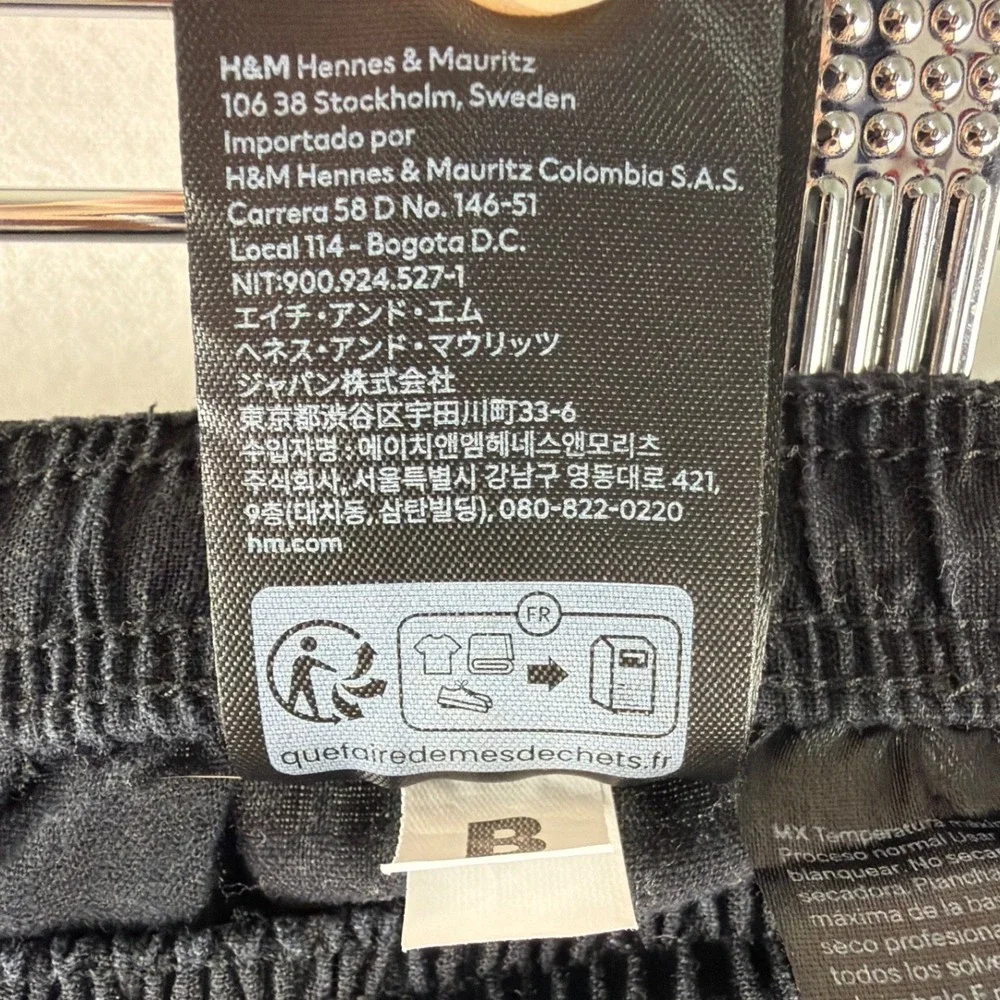 H&M Black Linen Blend Cropped Pants XL Elastic Waist Frayed Trim Boho Wide Leg